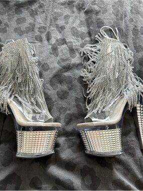 Pleaser Silver Crystal Fringe Platform Heels